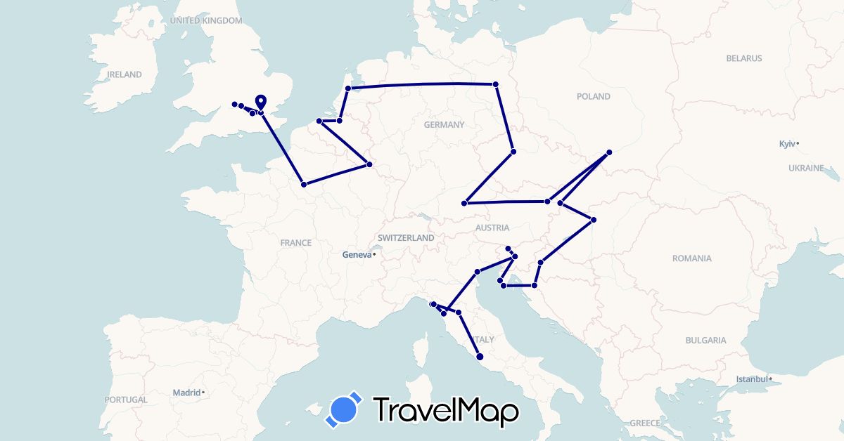 TravelMap itinerary: driving in Austria, Belgium, Czech Republic, Germany, France, United Kingdom, Croatia, Hungary, Italy, Luxembourg, Netherlands, Poland, Slovenia, Slovakia (Europe)